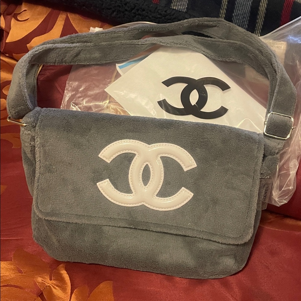 Gray Suede Crossbody Bag with White Logo Accent